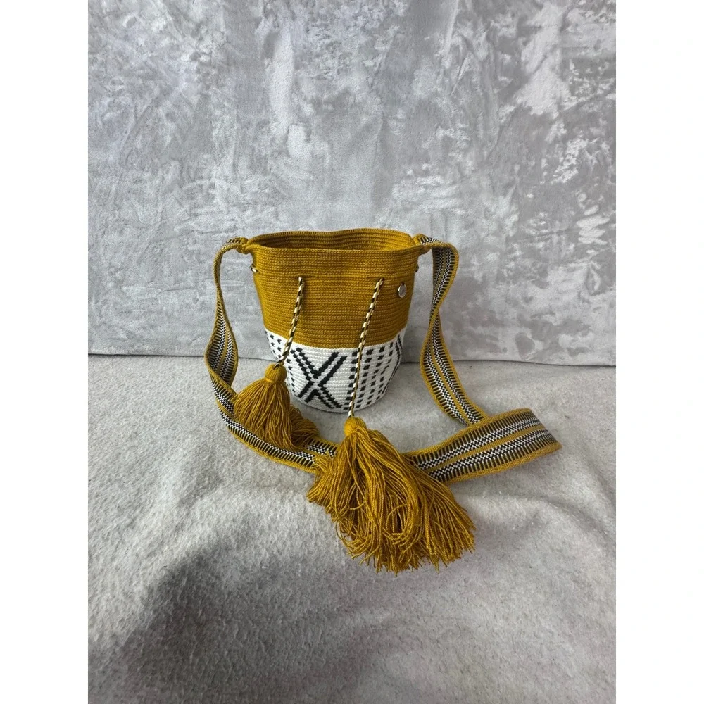 Amaranta Handmade Wayuu Mochila Bag Mustard Yellow Geometric Tassel Crossbody